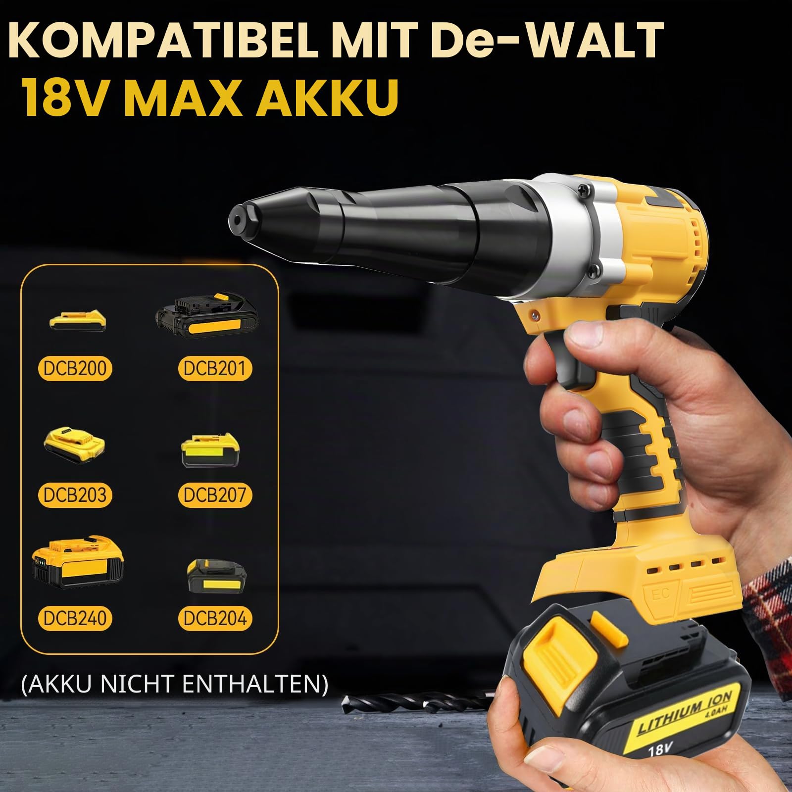 Akku-Nietpistole kompatibel mit Dewalt 18V Akku (keine Batterie), elektrische automatische Nietmutternpistolen mit 40 Nieten für 1/8 Zoll und 5/32 Zoll, bürstenloses Pop-Nietwerkzeug für Metall