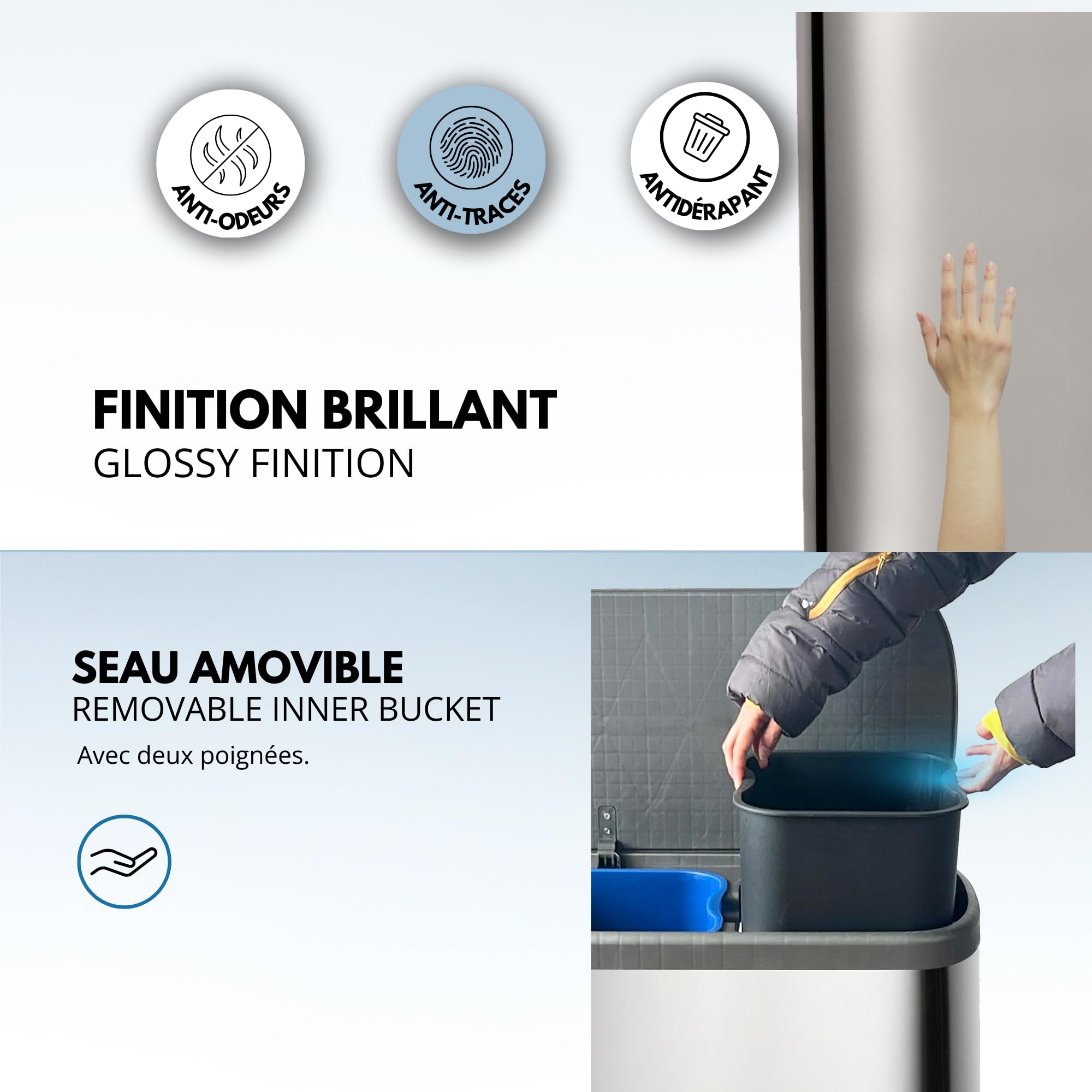KITCHEN MOVE Poubelle de cuisine à pédale tri sélectif recyclage 60L(30L+30L) EMPIRE en acier Inox brossé avec seau