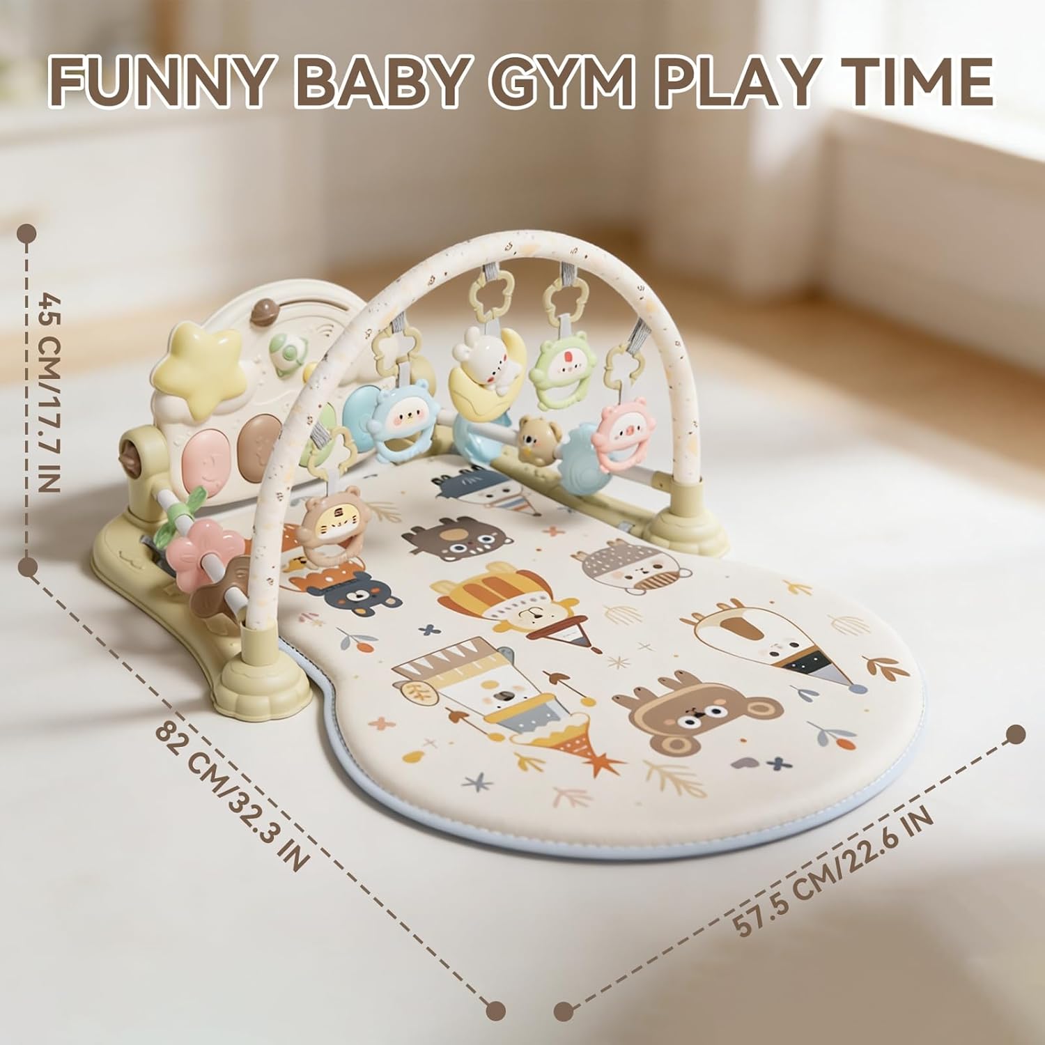 Baby Play Gym Mat - Funny Play Piano Activity Playmat with 5 Infant Learning Detachable Toys for Sensory Development, Music and Lights Tummy Time Mat Newborns Gifts for 0-12 Months