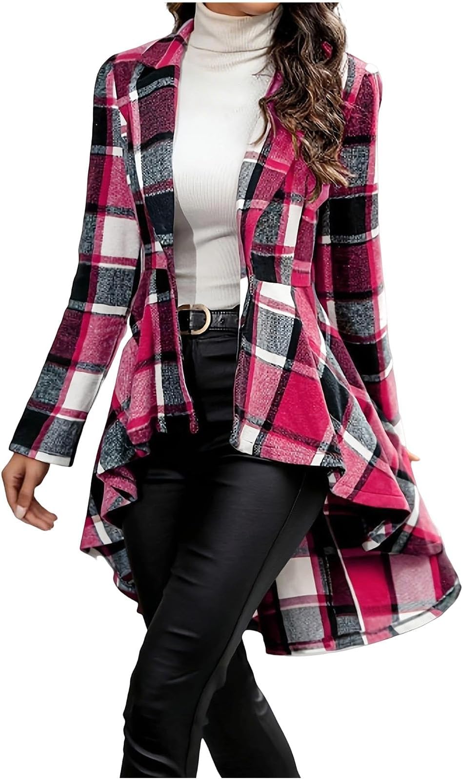 Women Plaid Flowy Ruffle Hem Shacket Jacket Button Open Front Lapel Long Sleeve Cardigan Coat Peplum Babydoll Shirt Top