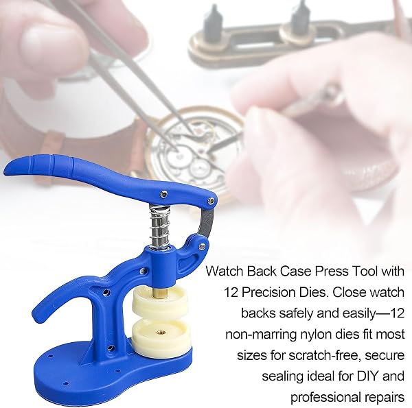 Watch Press Tool, Case Pressing Machine, Nylon Plastic Case Pressing Machine, Watch Back Cover Pressing Machine Application: Watch Repair, Pressing Watch Case Backs Includes 12 Adapters 5-50mm (Blue) - 4