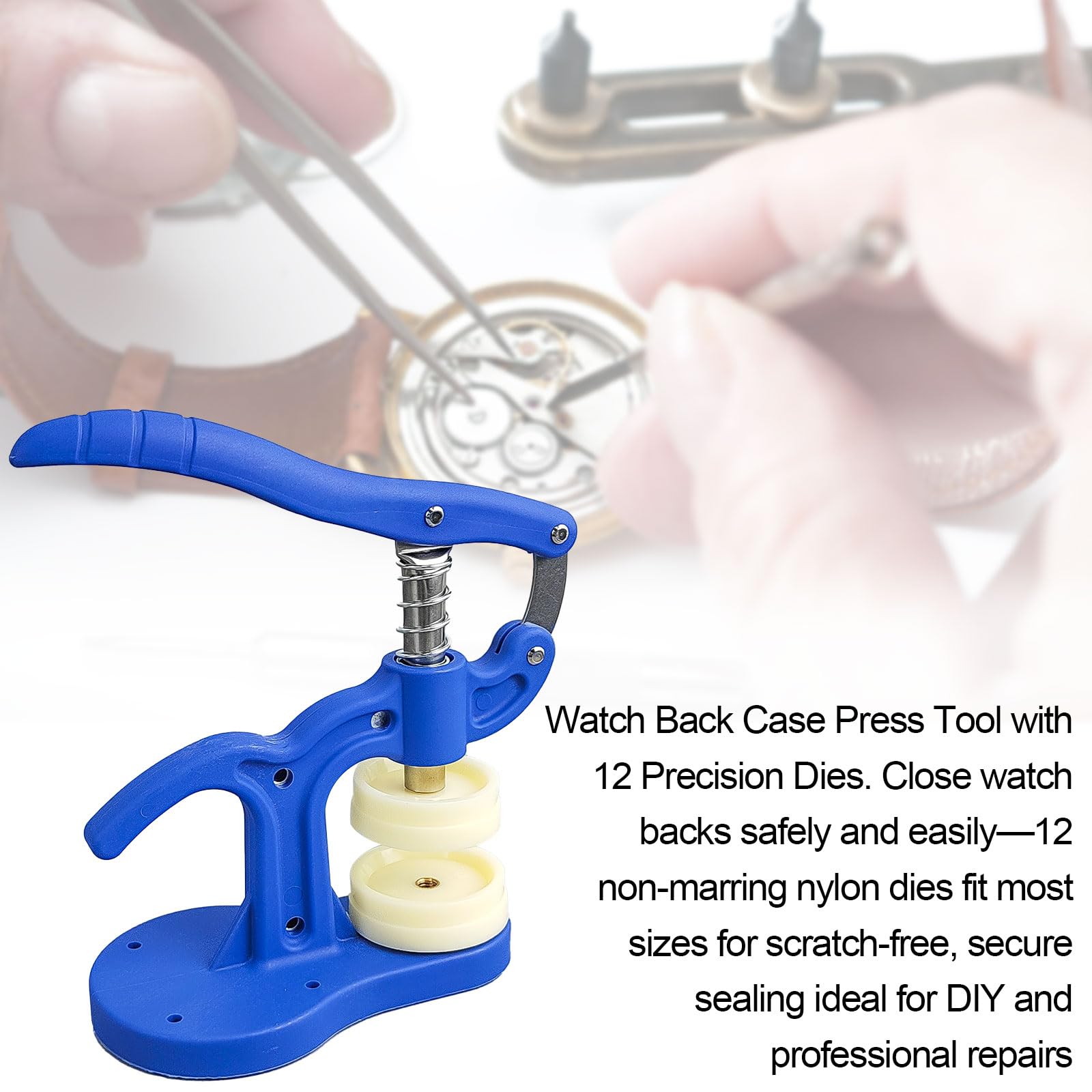 Watch Press Tool, Case Pressing Machine, Nylon Plastic Case Pressing Machine, Watch Back Cover Pressing Machine Application: Watch Repair, Pressing Watch Case Backs Includes 12 Adapters 5-50mm (Blue) — view 4