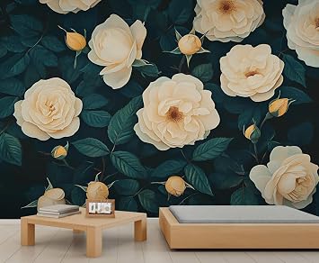 Creamy White Roses Wall Mural, Dark Green Leaves Mural, Oil Painting Wallpaper, Flowers Wall Murals for Living Room Bedroom TV Background Dining Room Non-self-Adhesive