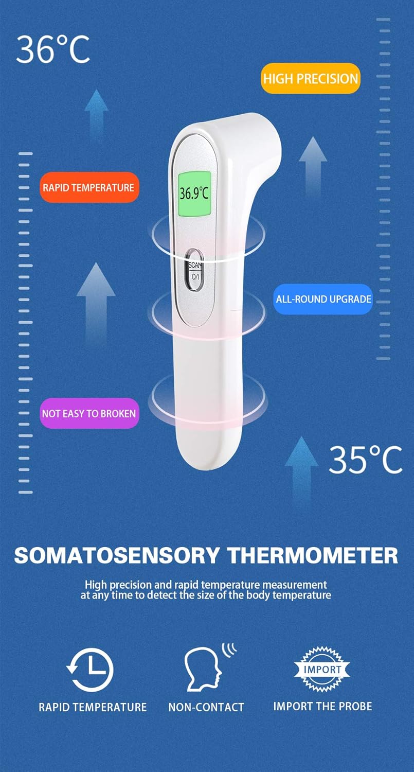 Image showing a hand holding the thermometer, demonstrating the correct measurement distance from the forehead.