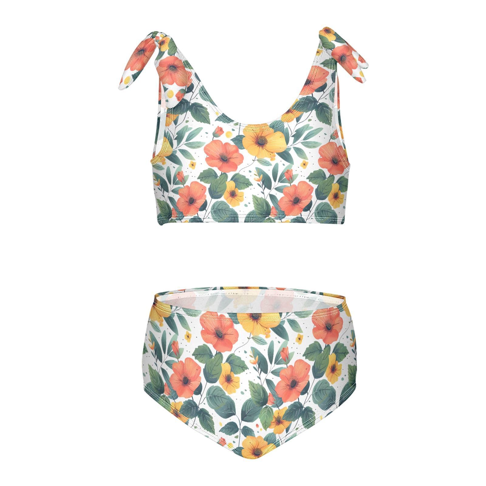 Red Yellow Flower Girls Tankini Swim Set, Two Piece Swimsuits Summer Bikini Swimwear Set for Girls, 4T
