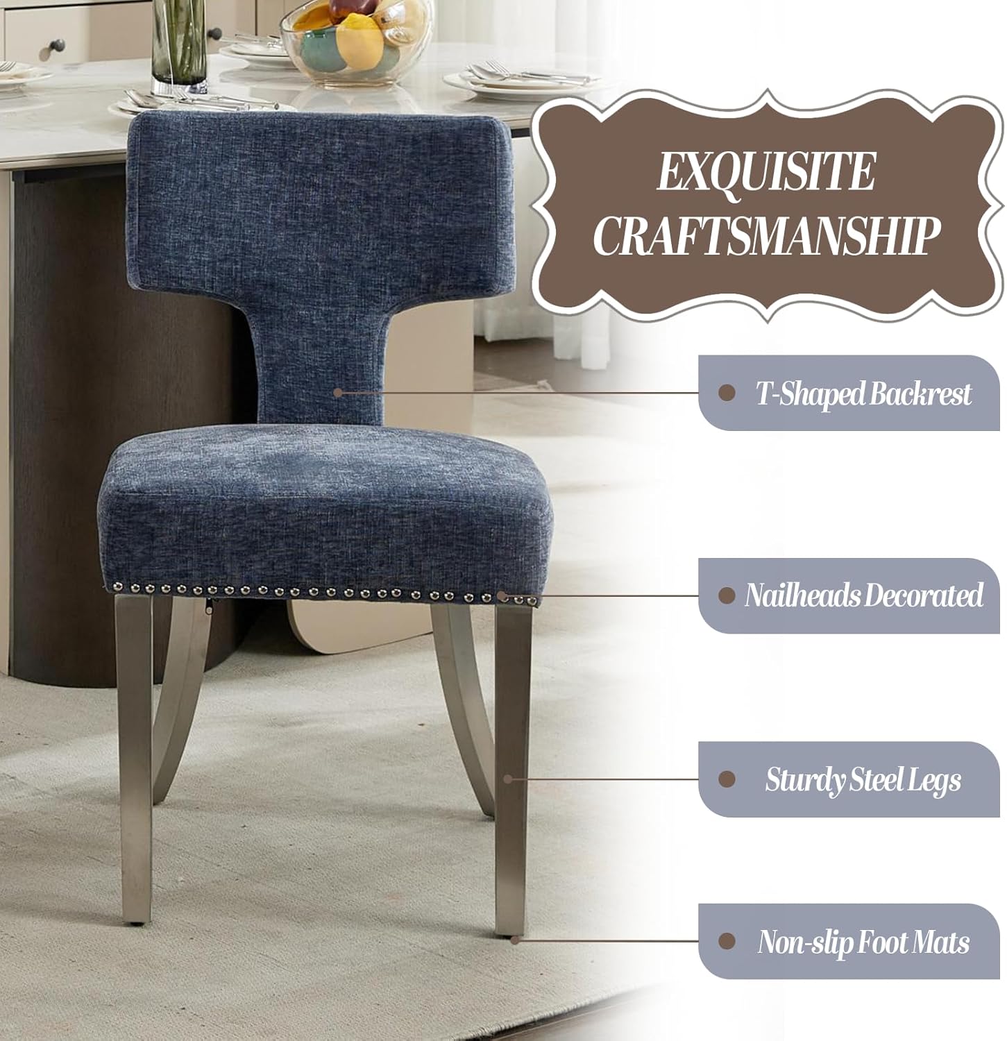 Dining Chair Set of 6 Linen Fabric Curved Backrest Farmhouse Mid Century Accent Upholstered Kitchen Chairs with Silver Legs and Foot Pad for Dining Room/Living Room/Restaurant,Blue