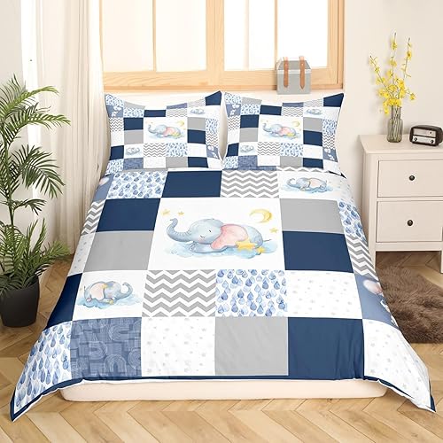 Miniatura 2 de Juego de funda de edredón de elefante lindo tamaño matrimonial, funda de edredón de acuarela con diseño de gotas de lluvia de animales de dibujos