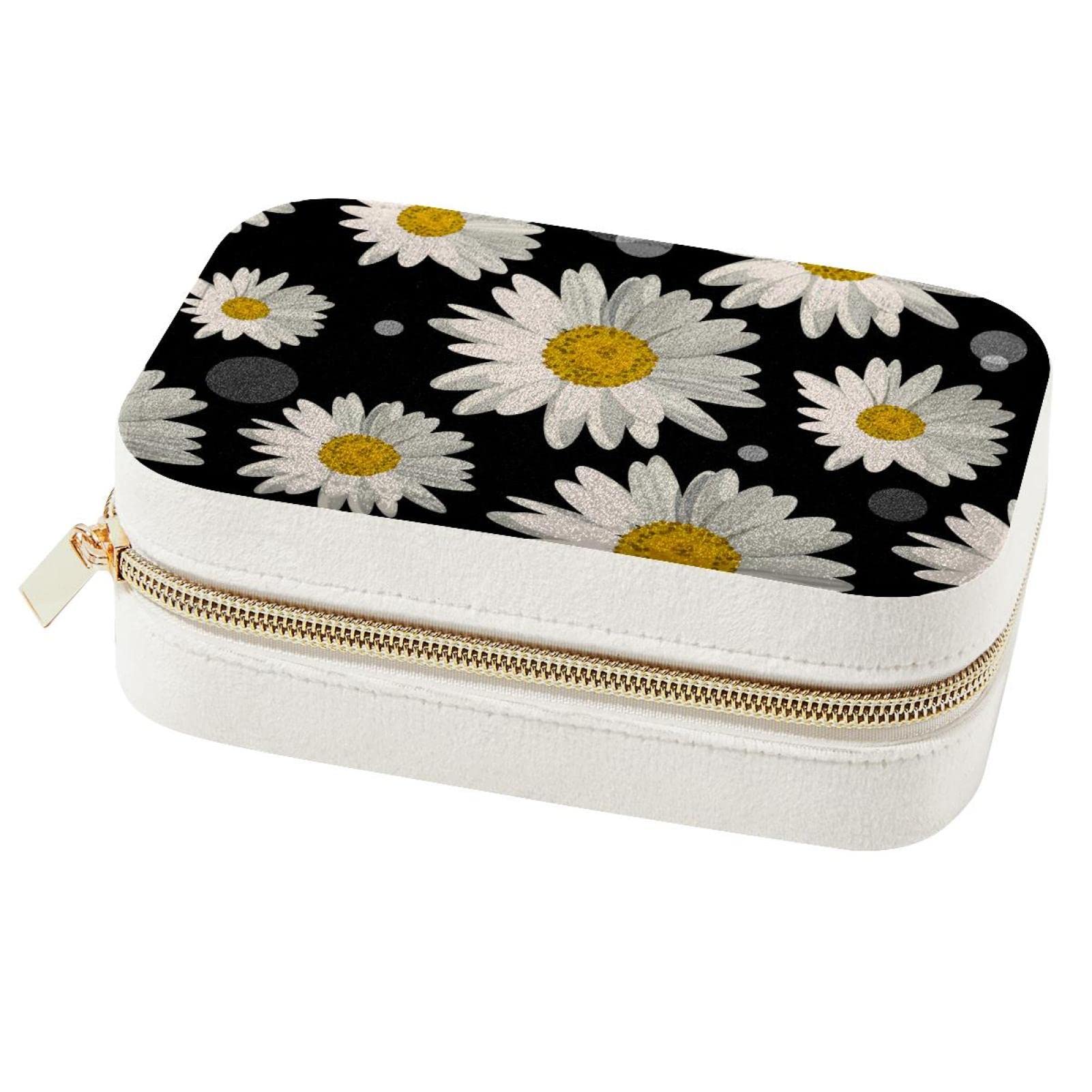 Boîte à bijoux de voyage noire motif marguerites pour organiser ses bagues