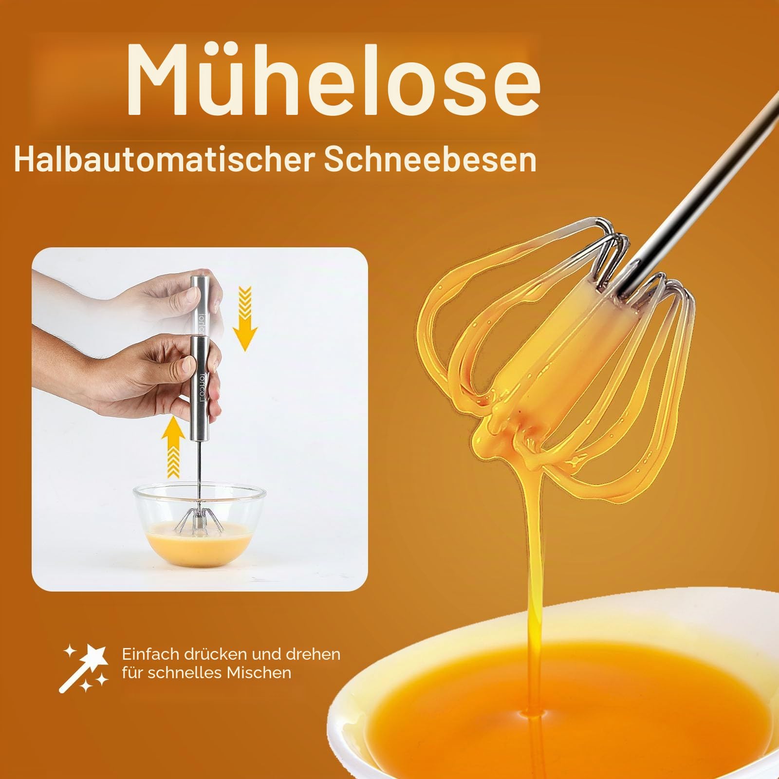 Halbautomatischer Schneebesen aus Edelstahl, 2026 Neuer Edelstahl-Eischneebesen Hand-Drück-Rotations-Schneebesen-Mixer, Hand-Drück-Mixer-Rührwerkzeug zum Kochen Küche Zuhause Ei Milch (25,4 cm)