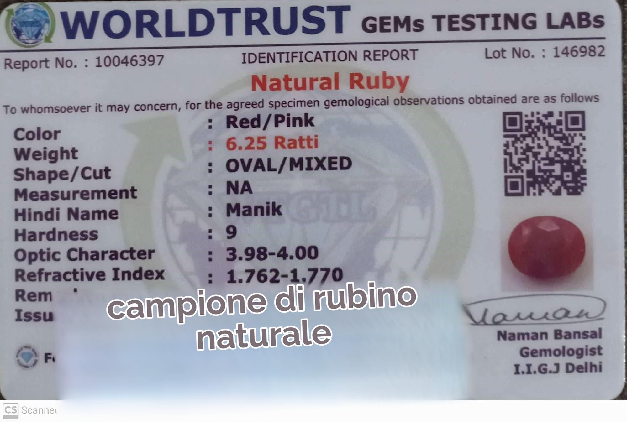 Anuj Sales 10,25 Ratti Natural AA++ Qualità Manik Rubino Rosso Pietra Originale Certificato Lab Gemma Rubino, free size, Pietra preziosa sciolta, Rubino
