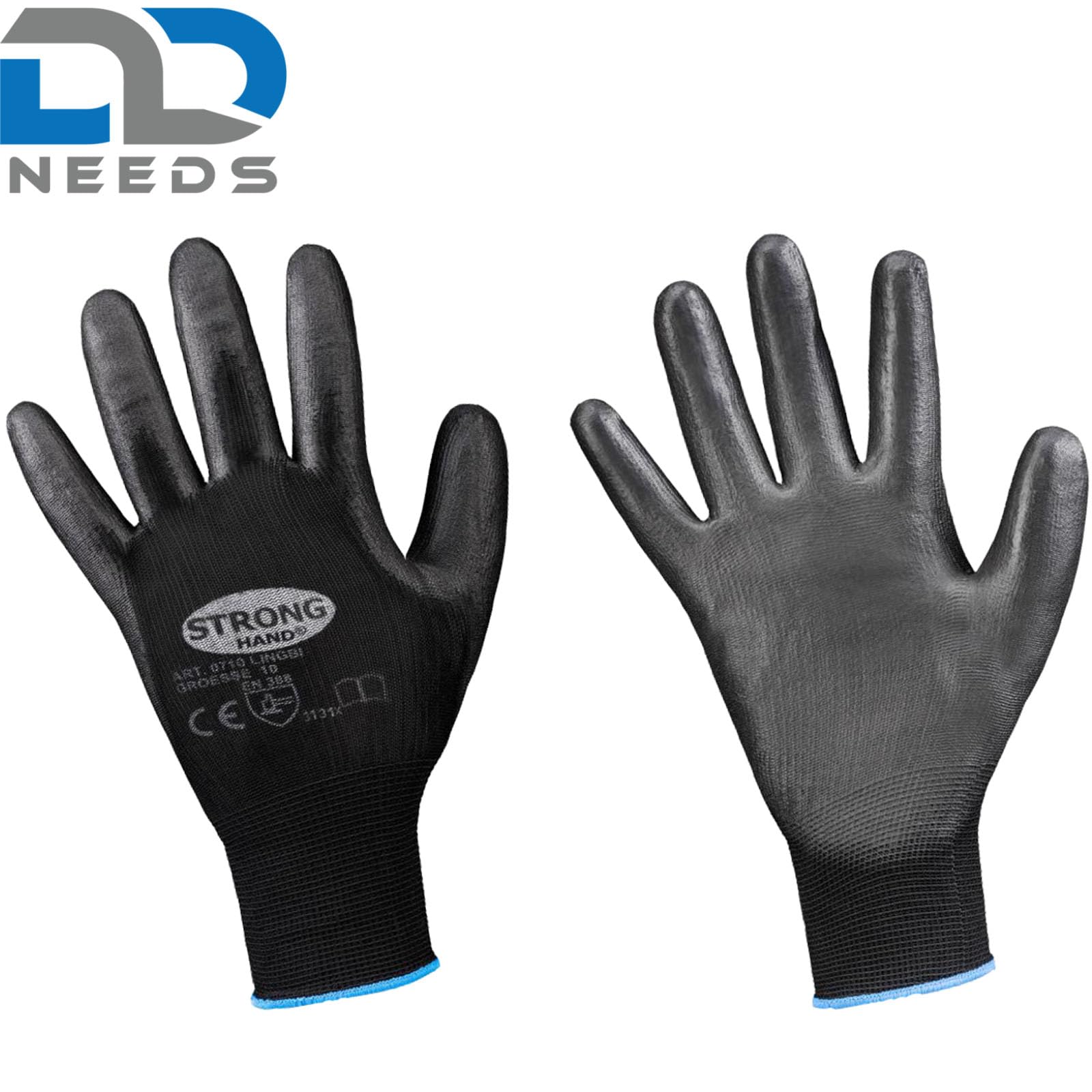 D2D | 48 Paar - Montagehandschuhe - Größe: 9 (L) - Schwarz aus Polyamid (Nylon) mit einer PU Beschichtung - Norm EN 388 CAT 2 - Arbeitshandschuhe - Feinstrick - Lagerhandschuhe