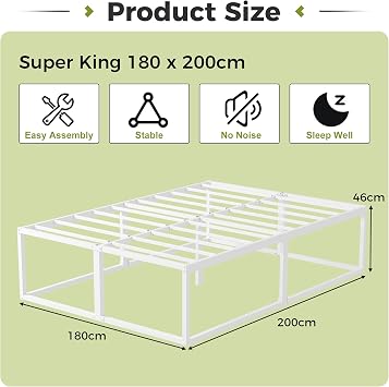 EMODA Super King Bed Frame 180x200 cm with Sturdy Slats Support, White | 46 cm High Heavy Duty Metal Super King Size Bed Frame, Large Underbed Storage, Noise Free, Easy Assembly
