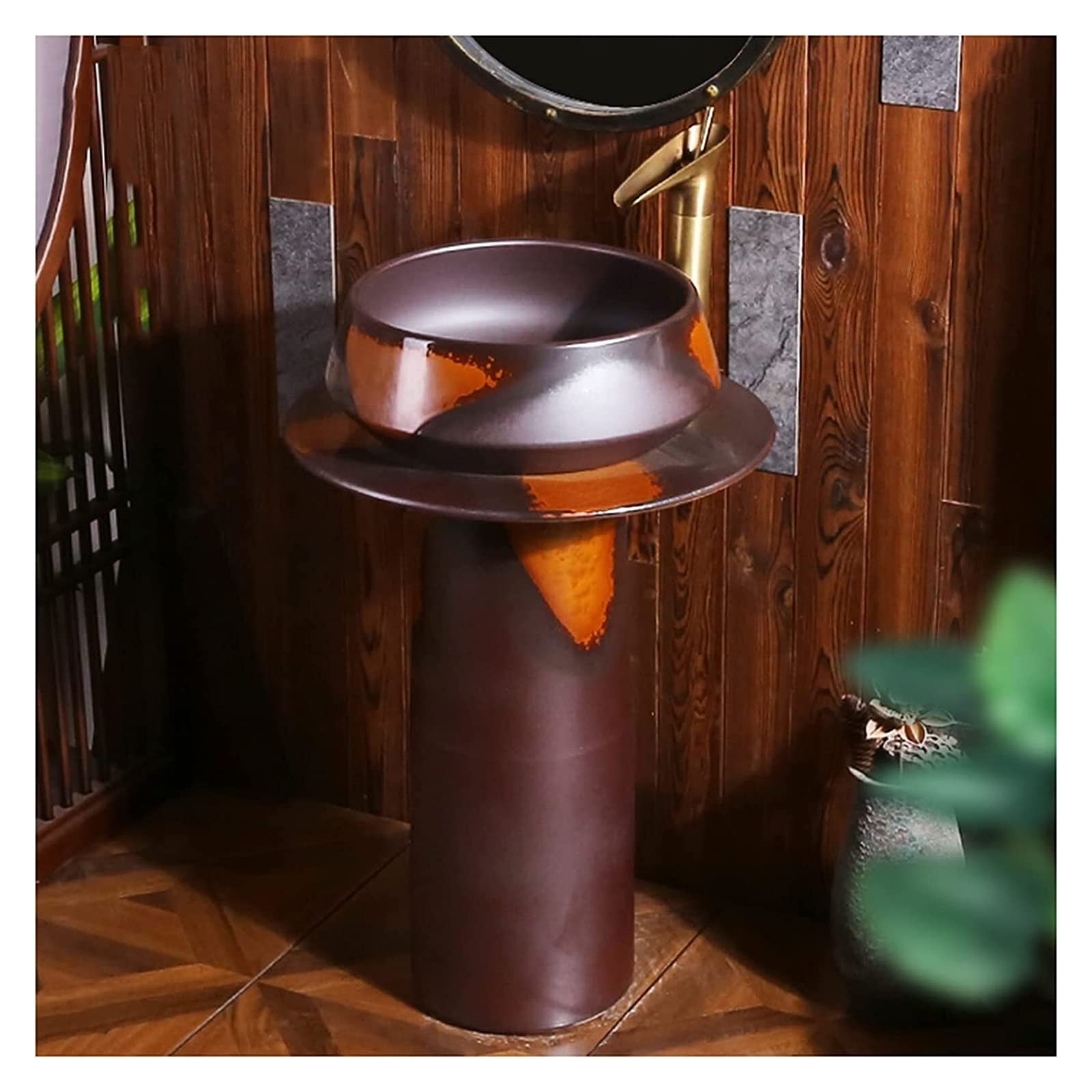 TIANQIHAO Art Bathroom Basin Sink With Full Pedestal, Pedestal Vessel Combo Toilets Basins Handmade Faucet And Drain,With Mirror,With mirror