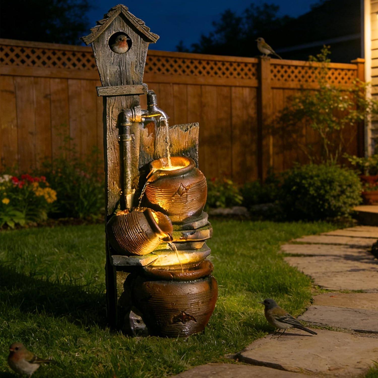 Bumilgar Water Fountain Birdhouse Outdoor Fountain, 37" Tall Garden Tiered Waterfall with Cascading Pots, Farmhouse Water Feature for Patio Backyard Yard Lawn Garden Decor