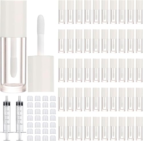 30pcs 2.5ml Cute Lip Gloss Containers Empty Lip Gloss Tubes with Wand Refillable Cosmetic Lip Balm Tubes Lip Gloss Supplies Kit + 2pcs Syringes, White, 2.5ml-50PCS, Minimalist