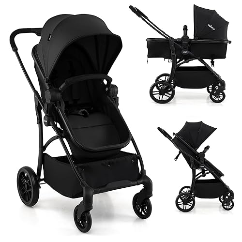 INFANS Cochecito de bebé 2 en 1, cochecito convertible con moisés, asiento reversible, respaldo ajustable, plegable con una mano, cochecito compacto