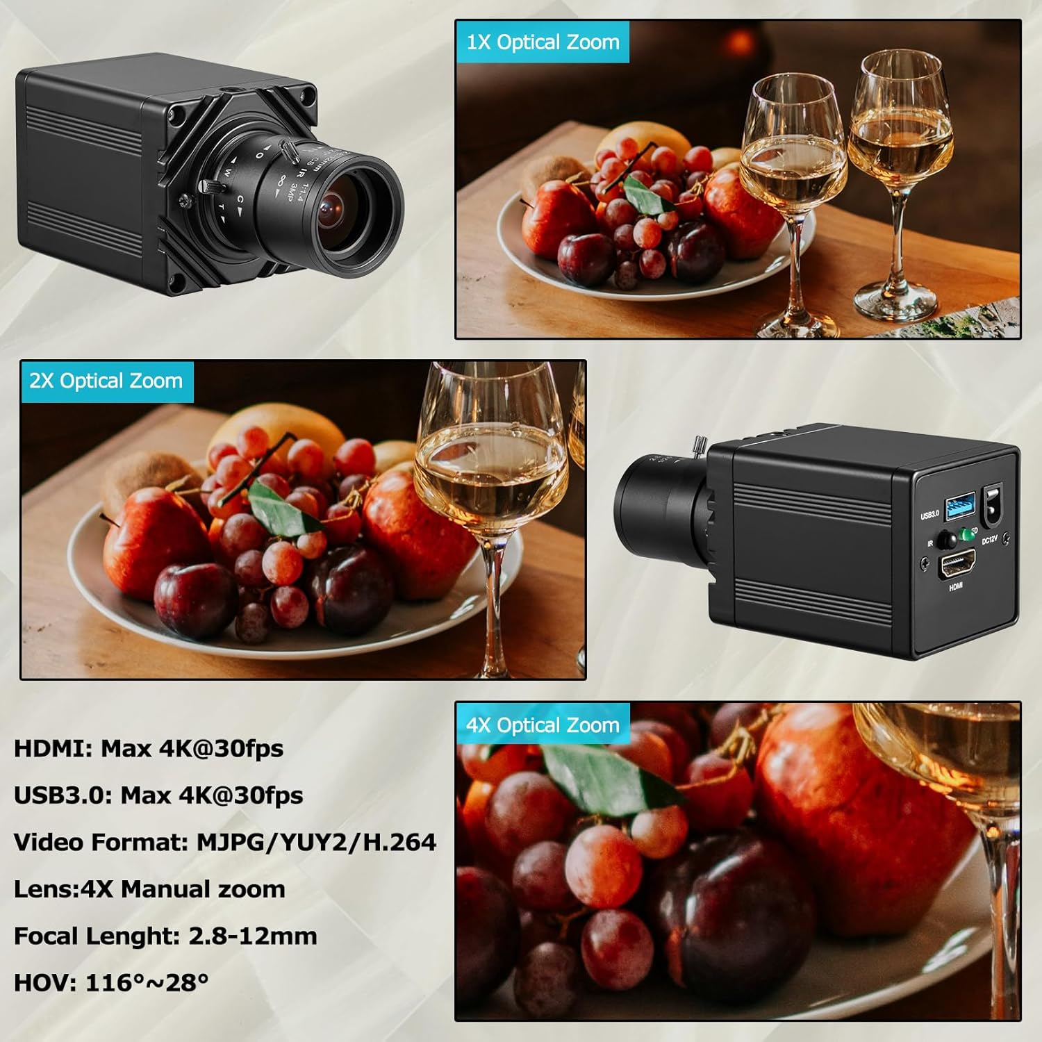 HDMI USB3.0 Dual Output HD 4K30fps Digital Security Camera, Industry Digital C-Mount with Manual 2.8-12mm Varifocal HD Lens, OSD Menu via Remote Controller