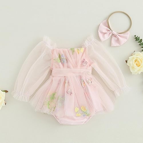 Miniatura 3 de KMBANGI Vestido de tutú para bebé niña con diadema de lazo de malla, manga larga, falda bordada floral, vestido de verano para primavera y otoño