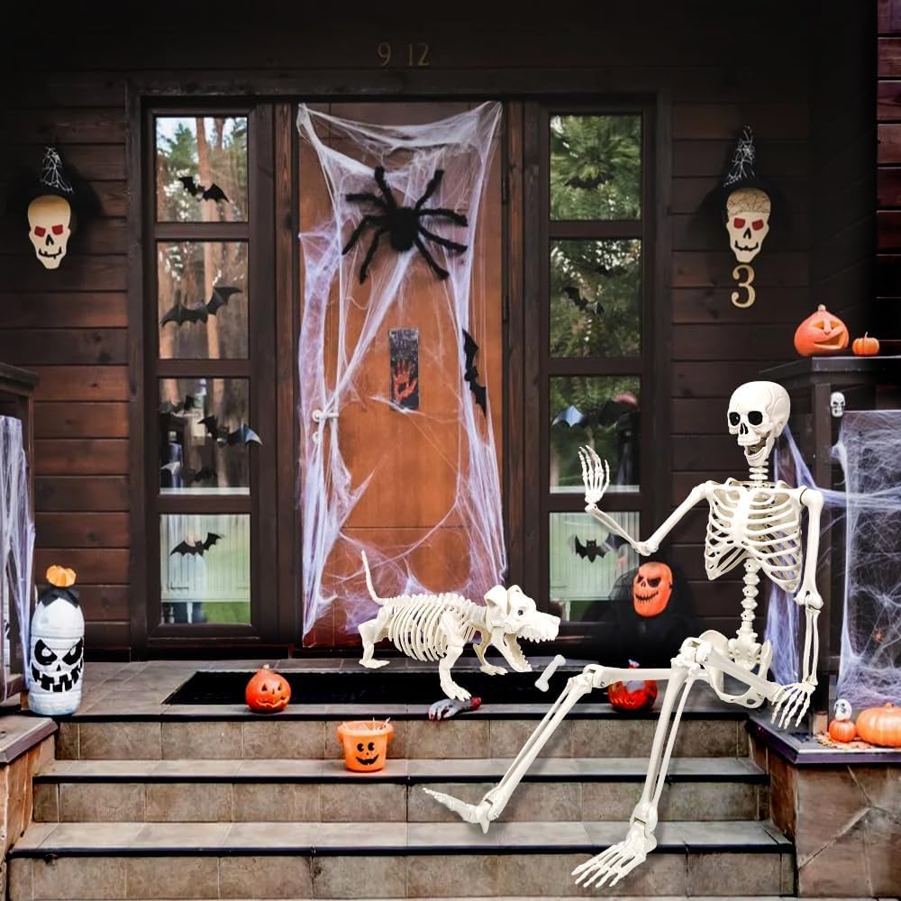 165cm Halloween Bewegliches Skelett mit Hund, Ganzkörper Hunde Lebensgroßes Skelett Realistische Menschliche Skelette mit beweglichen Gelenken für Halloween Outdoor Party Dekoration