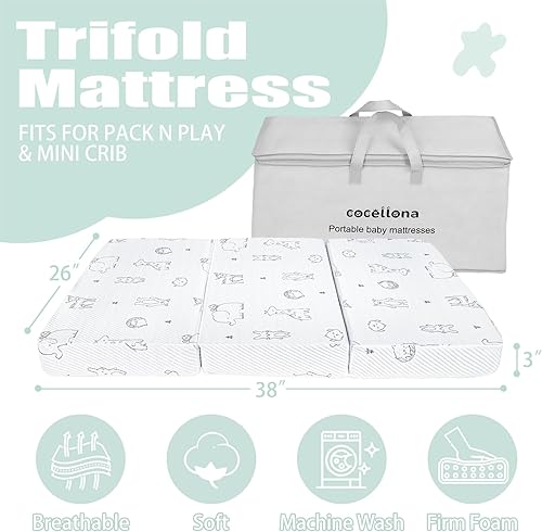 Miniatura 3 de Colchón triple Pack and Play, 38 x 26 pulgadas, colchón de espuma viscoelástica de doble cara para Pack n Play, colchones plegables portátiles con