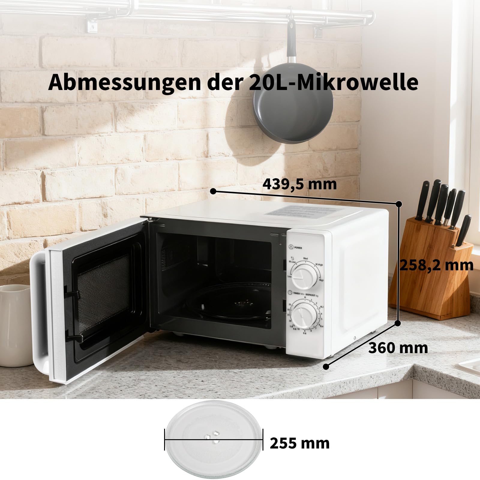 Smad Solo-Mikrowelle 20L, 700W, Mikrowelle Klein, 5 Leistungsstufen, Auftaufunktion nach Zeit/Gewicht, 35-Minuten-Timer, Drehteller 255mm, Weiß