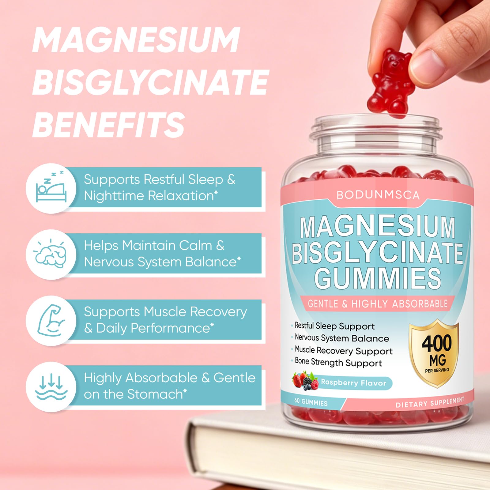 Magnesium Bisglycinate Gummies 400mg, High Absorption & Gentle Magnesium Supplement, Supports Calm, Sleep & Muscle Recovery, Raspberry Flavor, 120 Count — Amazon image 6