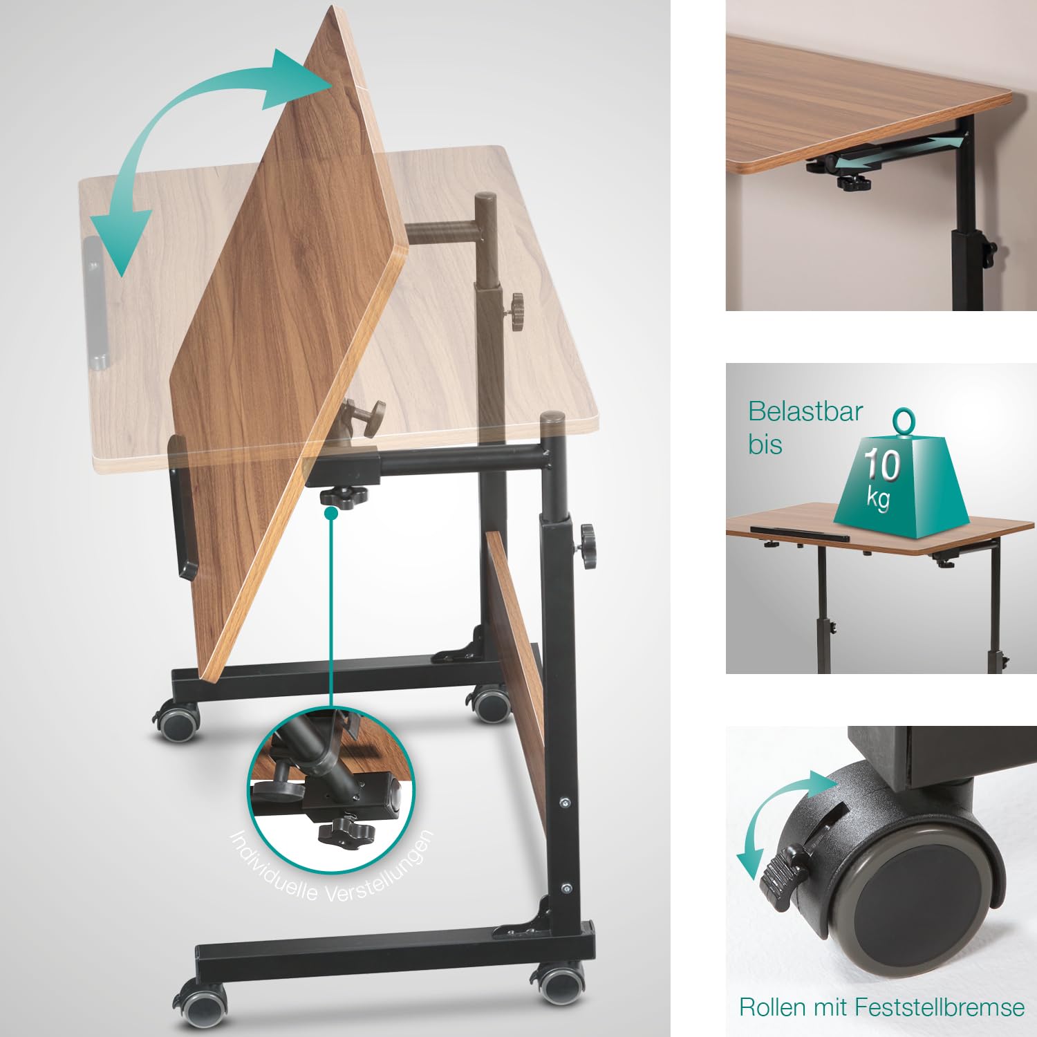maxVitalis mobiler Laptoptisch Schreibtisch Computertisch Pflegetisch höhenverstellbar mit Rollen, Tischplatte neigbar, Multifunktionaler Beistelltisch für Bett Sofa Couch, Laptopständer (Holz-Optik)