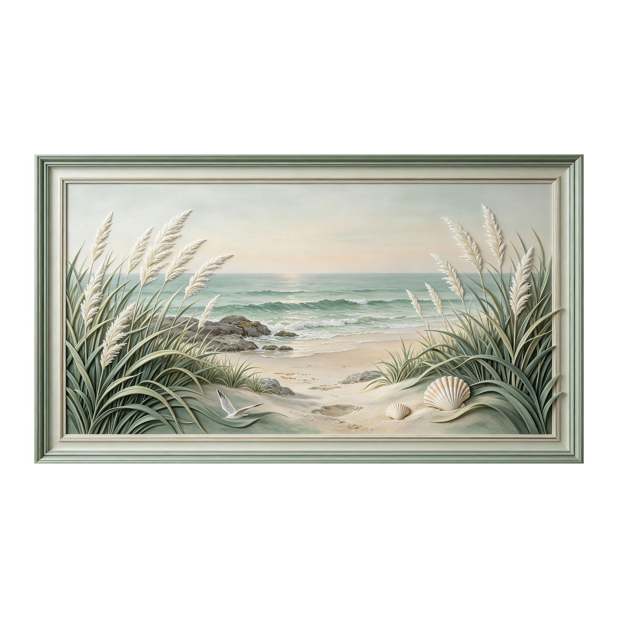 Murasolite 3D Framed Wall Art Coastal Seaside Beach Landscape Oil Painting SelfAdhesive Fabric Mural Wall Decor， Peel and Stick No Damage to Wall， AntiFall Safe Design for Bedroom Living Room