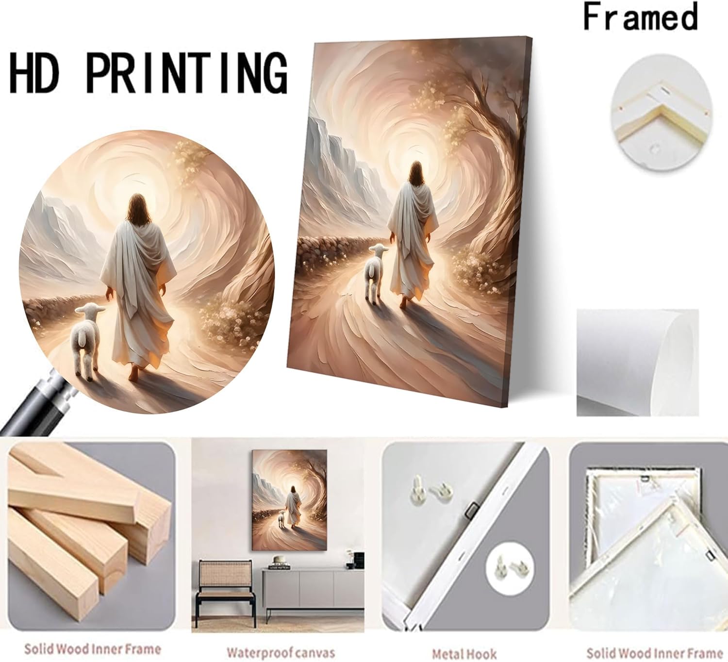 Jesus Leaves The 99 Sheep Canvas Wall Art Jesus And Lamb Picture Wall Decor Christ The Good Shepherd Lost Lamb In Poster Print Painting for Living Room Bedroom Church Home Decoration Prepare To Hang - Image 7