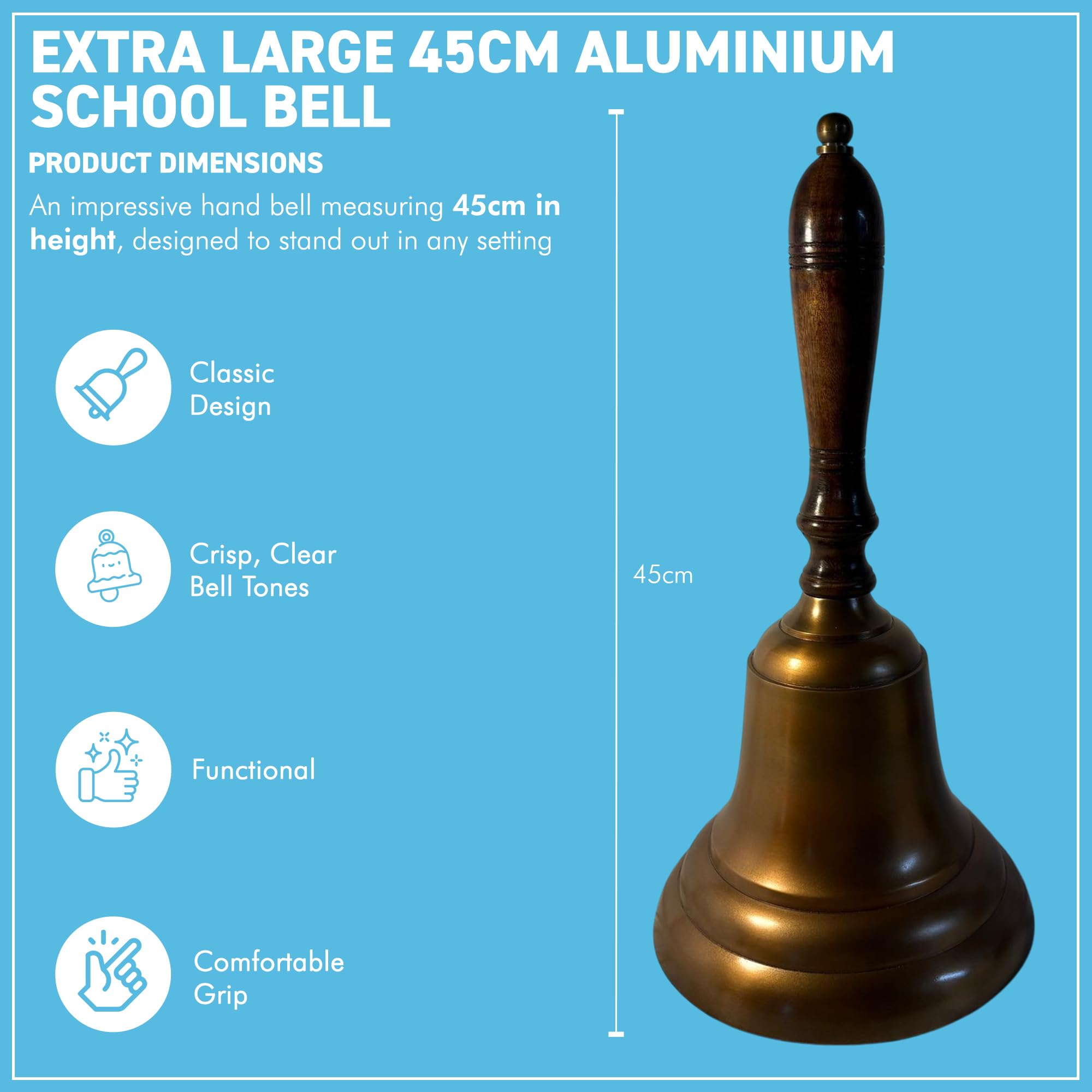 Extra große Aluminium-Schulglocke mit Holzgriff, 45 cm, antikes Messing-Finish, Serviceglocke