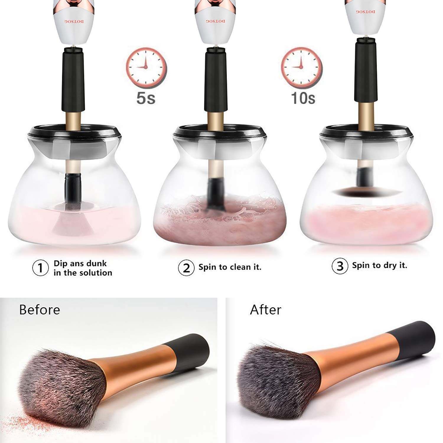 DOTSOG Makeup Brush Cleaner and Dryer Machine with FREE Makeup Cleaner Shampoo Super-Fast Electric Brush Cleaner Machine Automatic Brush Cleaner Spinner Makeup Brush Tools (White)