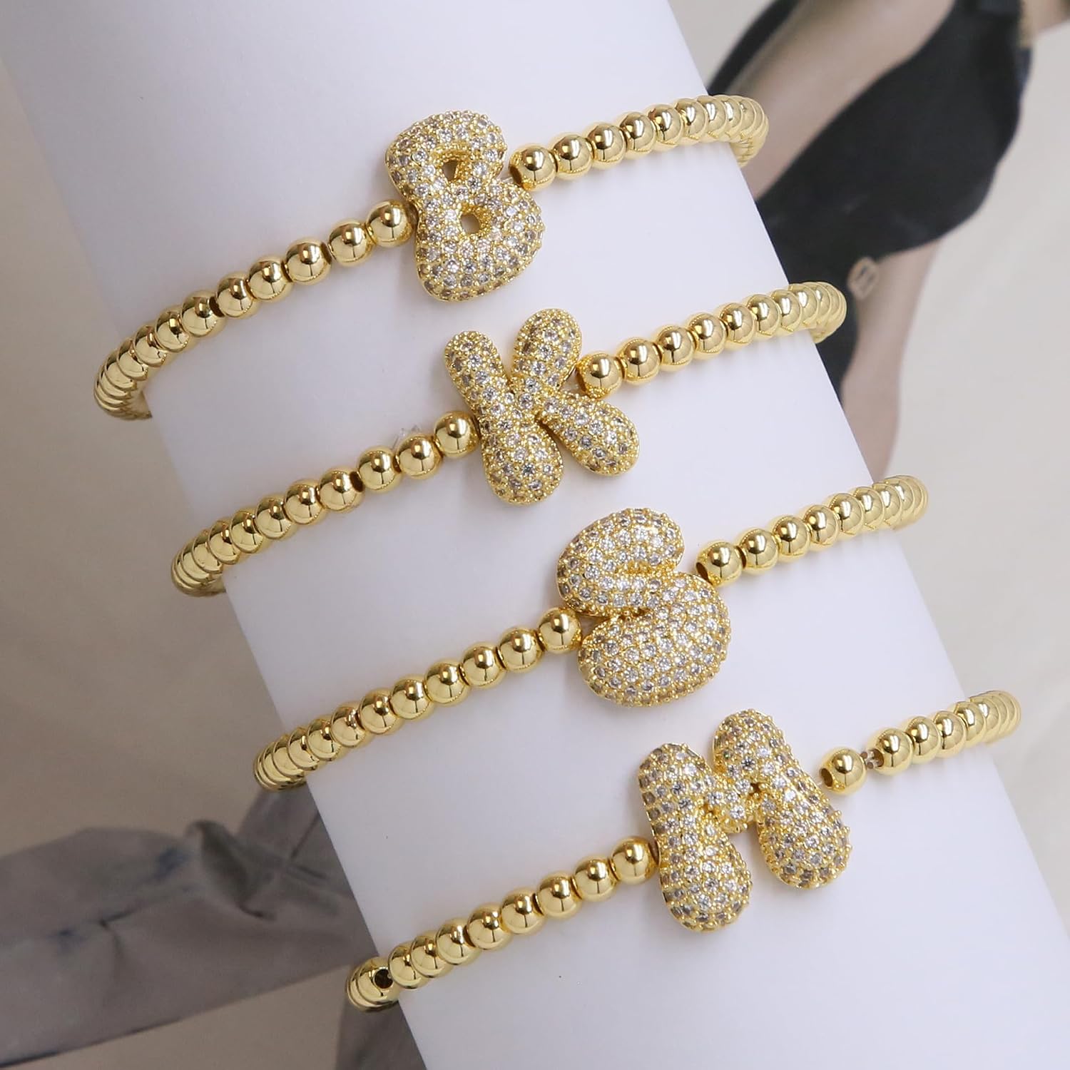 Bubble initial bracelets for women Trendy 18K gold plated Balloon Letter Alphabet A-Z Beaded Stretch Bracelets initial jewelry for mom girlfriend daughter