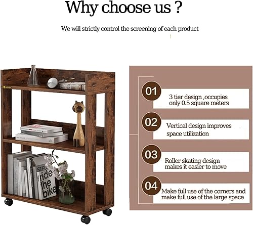 Miniatura 6 de ALISENED Mesita de noche de 3 niveles con ruedas estantería pequeña de madera y estantería mesita de noche de granja con estante de almacenamiento