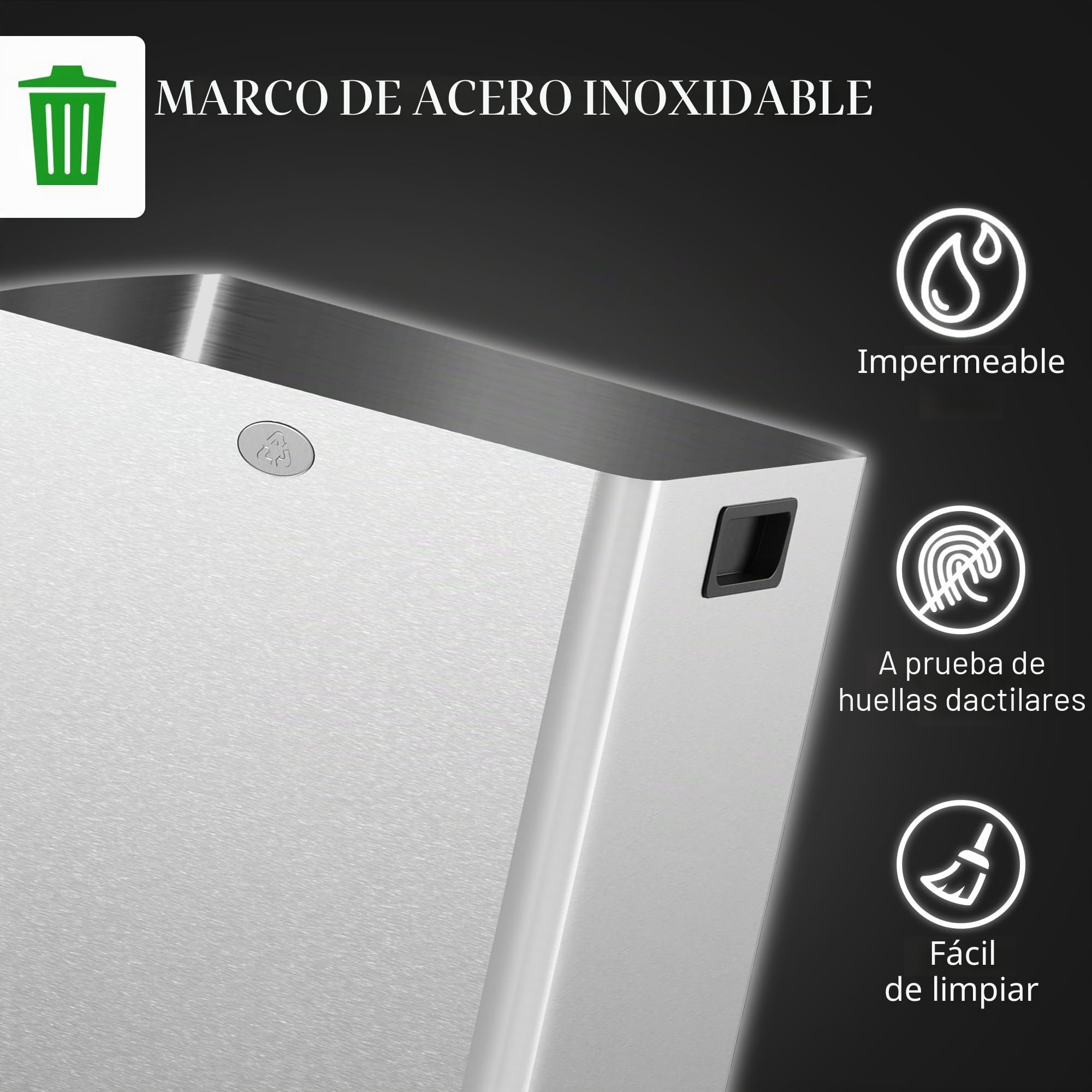 HOMCOM - Papelera de cocina doble, 2 x 20 L, cubo de pedal de acero inoxidable, 2 tapas de cierre suave, cubos interiores extraíbles y asas anti-huellas dactilares, 45,8 x 36 x 51,6 cm