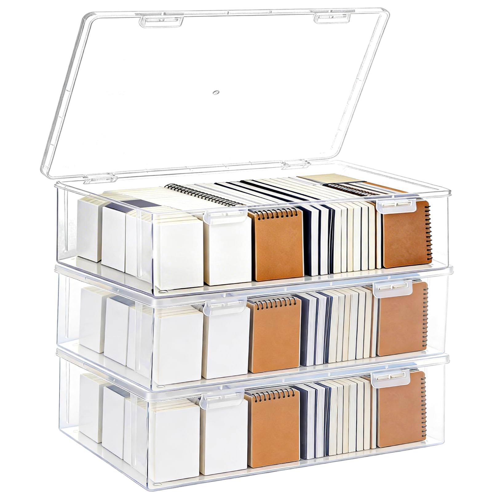 WOPPLXY 3 PCS A4 Storage Boxes with Lids, 10cm Deep Transparent Plastic A4 Storage Box, Large Capacity Filling Storage Boxes for Office Archiving, Magazines and Documents 33 X 23 X 10 CM