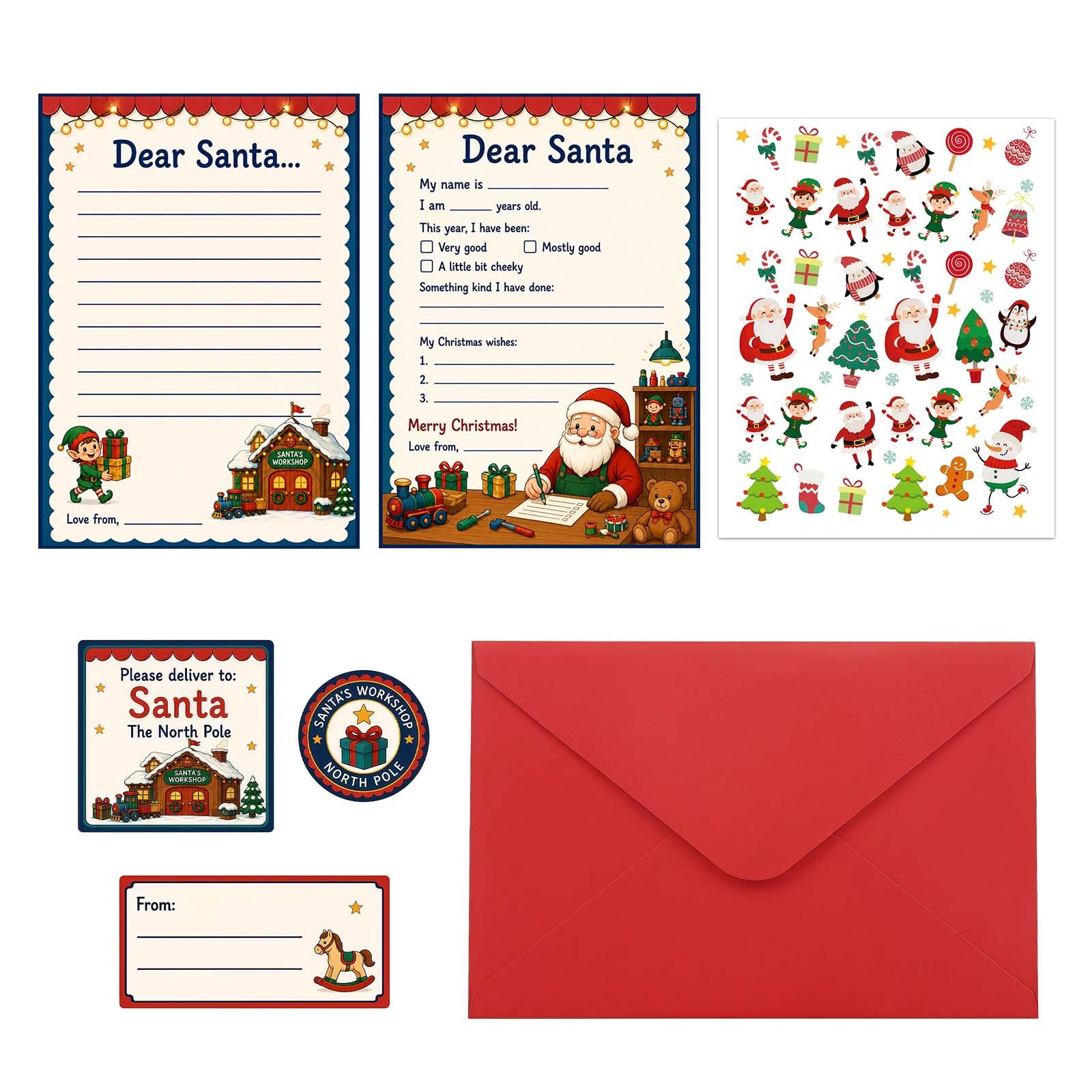 28 Piece Christmas Letter to Santa kit, Dear Santa Letter Set, Festive Mail