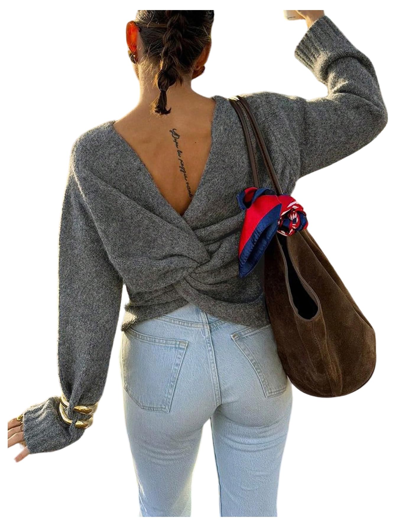 MakeMeChic Womens Open Back Sweater Criss Cross Backless Crew Neck Long Sleeve Knit Pullovers