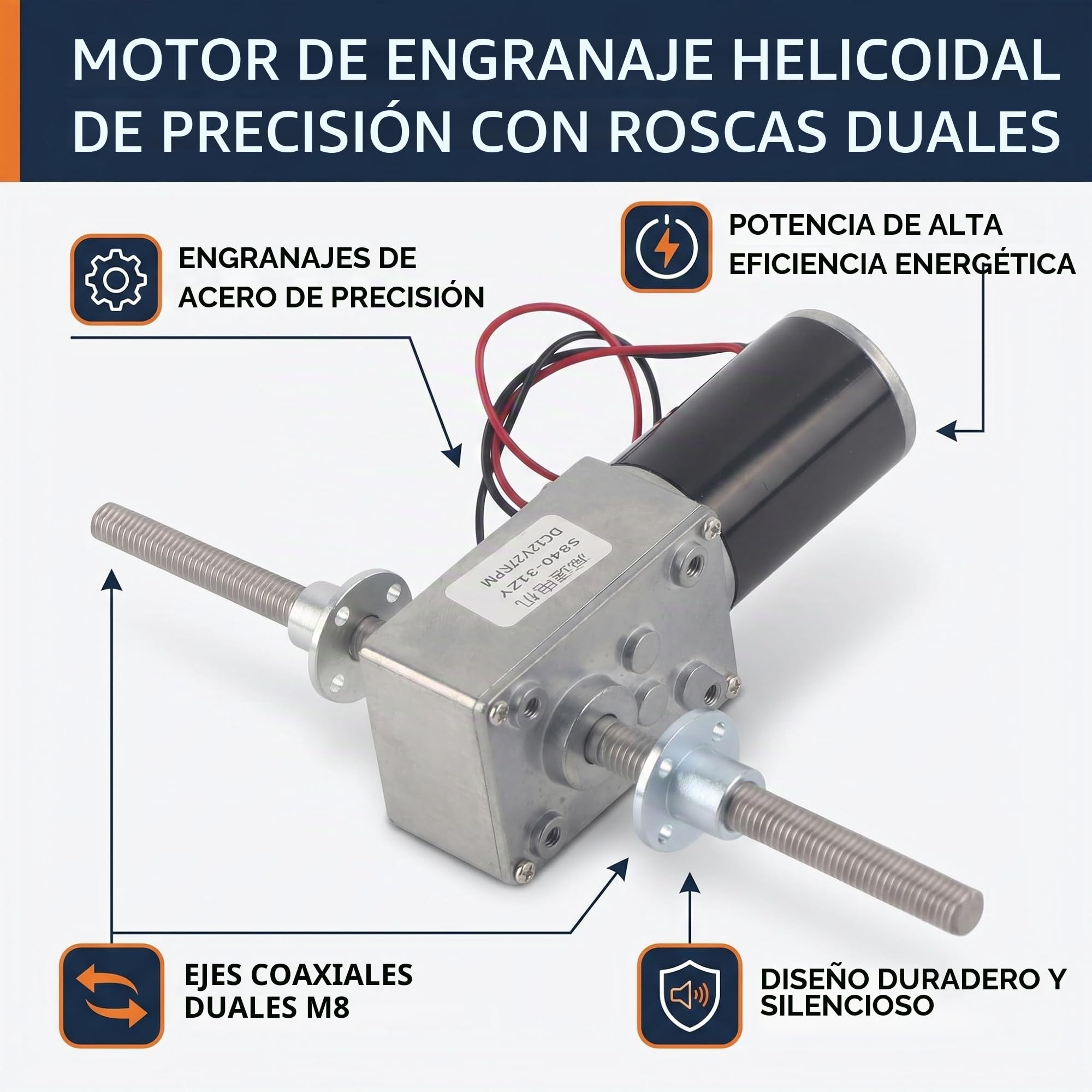 Motor de caja de engranajes de alto torque de 12V, doble eje M8 Motor de engranaje helicoidal de 1280 Motor de reducción coaxial de eje derecho e izquierdo con brida(Reduction Ration 290)