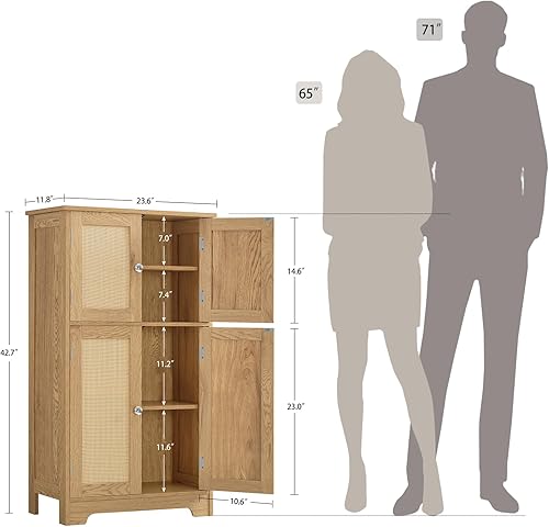 Miniatura 3 de Iwell Gabinete de almacenamiento, armario de ratán con 4 puertas de ratán y estante ajustable, gabinete de piso de baño para sala de estar, entrada,