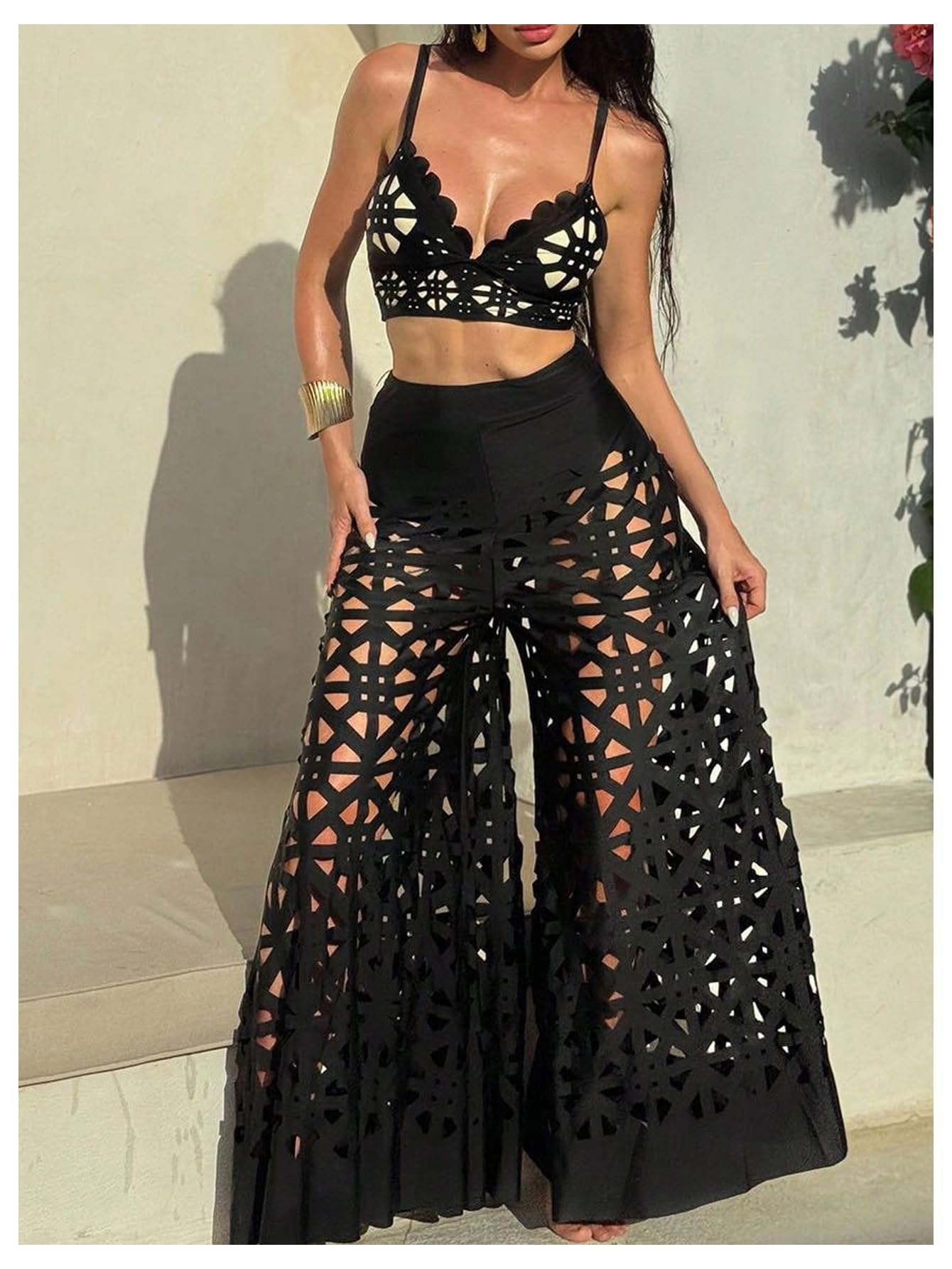 Traje de baño de 3 piezas para mujer, conjunto de bikini hueco con pantalones de cobertura, color negro, talla M