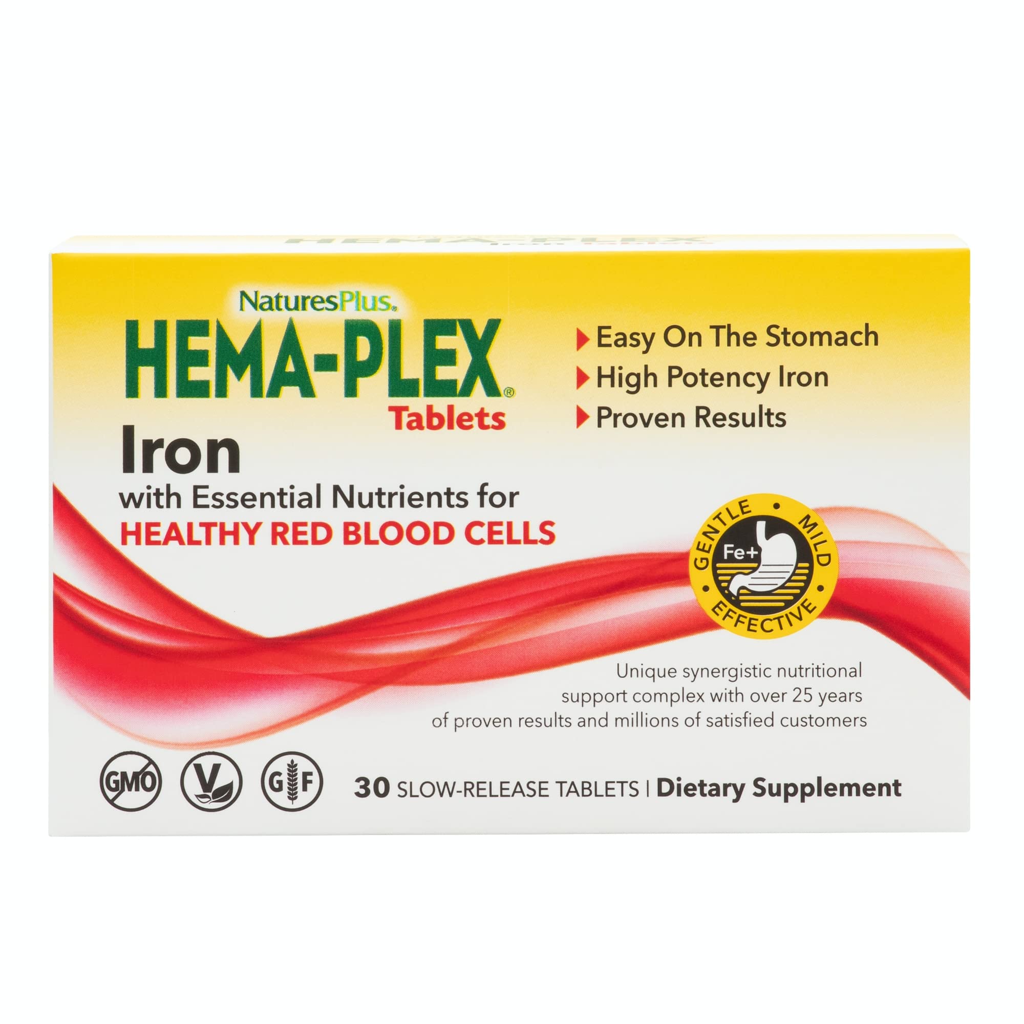 NaturesPlus Hema-Plex Iron - 30 Slow-Release Tablets - 85 mg Chelated Iron - Healthy Red Blood Cells - with Vitamin C & Bi...