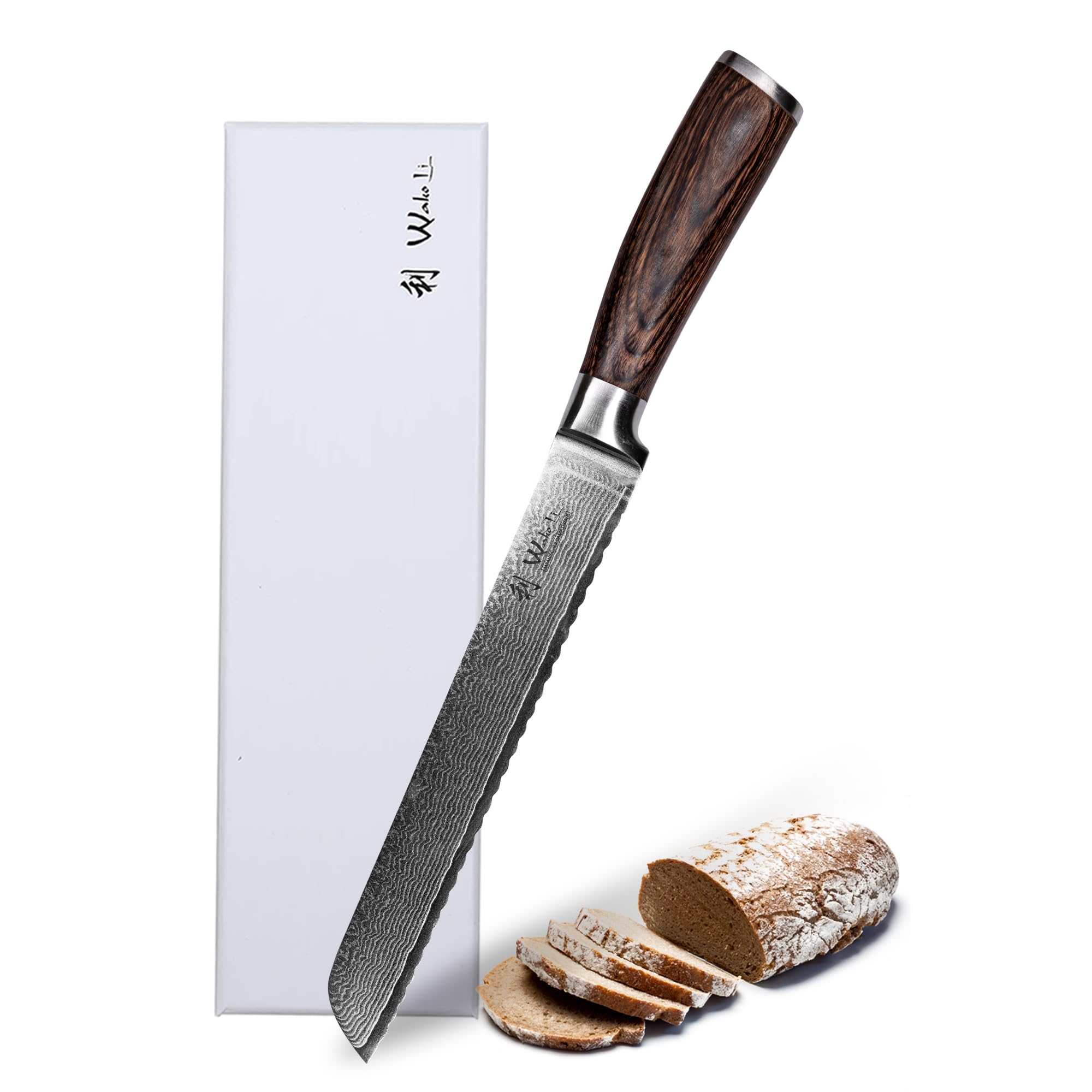 Wakoli EDIB Brotmesser Wellenschliff aus echtem Damaststahl (VG10 Kern) mit 20 cm Klinge – Scharf & ergonomisch – Damastmesser mit Pakkaholzgriff in Geschenkbox – Brotschneidemesser für krosse Krusten