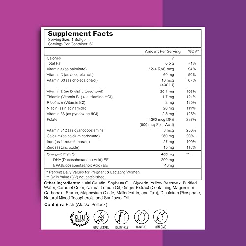 Miniatura 2 de Zaytun Vitamins Halal - Vitaminas prenatales + DHA, hierro de ácido fólico, jengibre para calmar, un diario, para todas las etapas del embarazo, sin