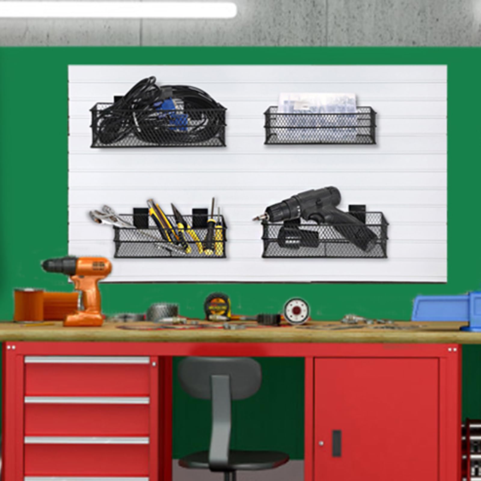 IGNPION Set di 4 cestini portaoggetti in filo metallico, pannelli a doghe in metallo, accessori per garage, cestini portaoggetti multiuso in PVC, con 4 diverse dimensioni