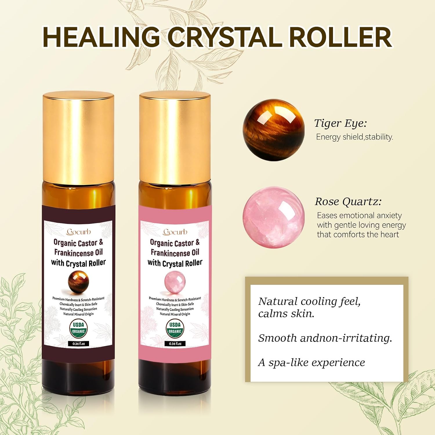 Organic Castor Oil and Frankincense Essential Oil with Natural Quartz Roller, Face Oil for Under-Eye Area, Anti-Aging, Smooth Fine Lines & Wrinkles, 10 mL Portable Travel Size(2 Pack)