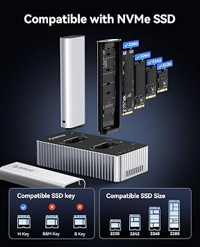 ORICO 40Gbps M.2 NVMe Hard Drive Docking Station with Offline Clone Dual-Bay NVMe Cloner with USB C Cable for Both (M Key, B+M Key) PCIE NGFF Dock, Compatible Size 22110 2280 2260 2242 2230-IT28N