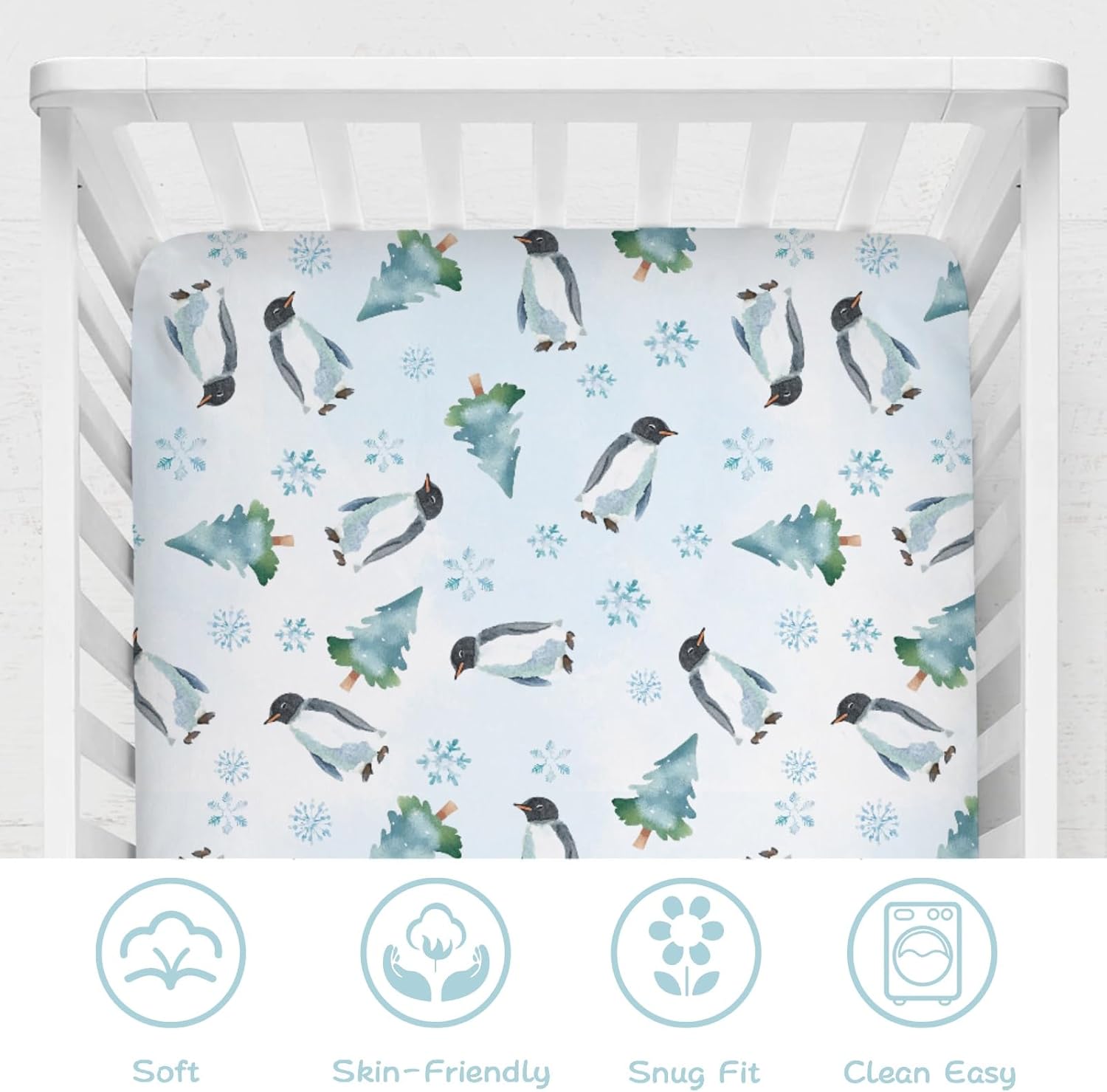 Watercolor Penguins Pine Forest Snowflakes Baby Crib Sheet 52''x28'' Winter Birds Fitted Crib Mattress Cover Boy Girl Holiday Christmas Animal Soft Bed Sheet for Standard Crib Toddler Mattress Blue
