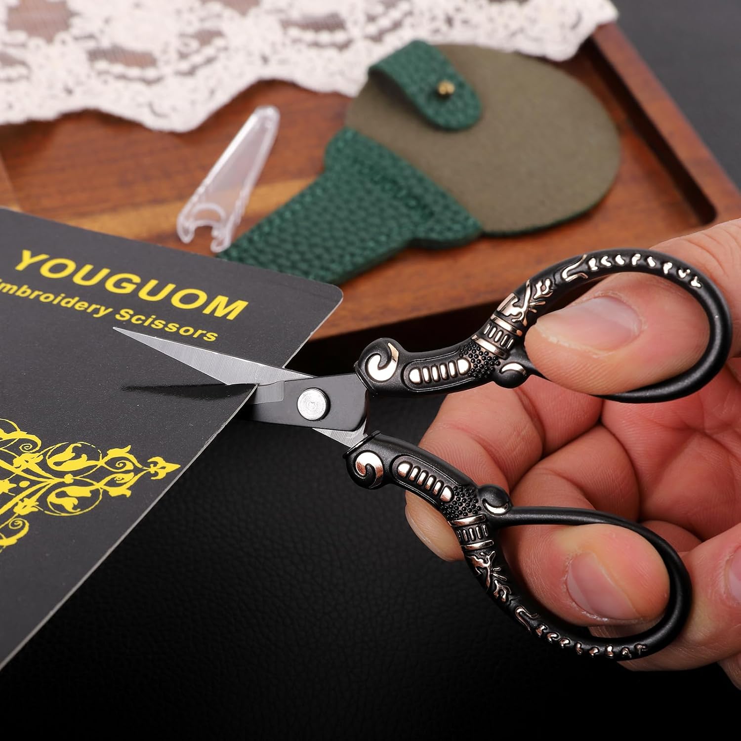 YOUGUOM Antique Scissors with Cover, Sharp Sewing Scissor for Craft Needlework Cross Stitch, Small Thread Snips Little Detail Shears Black DIY Tools
