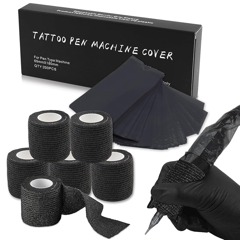 Anghie Kit com 200 capas pretas para caneta de tatuagem e 6 fitas para grip, 6,5 x 18 cm