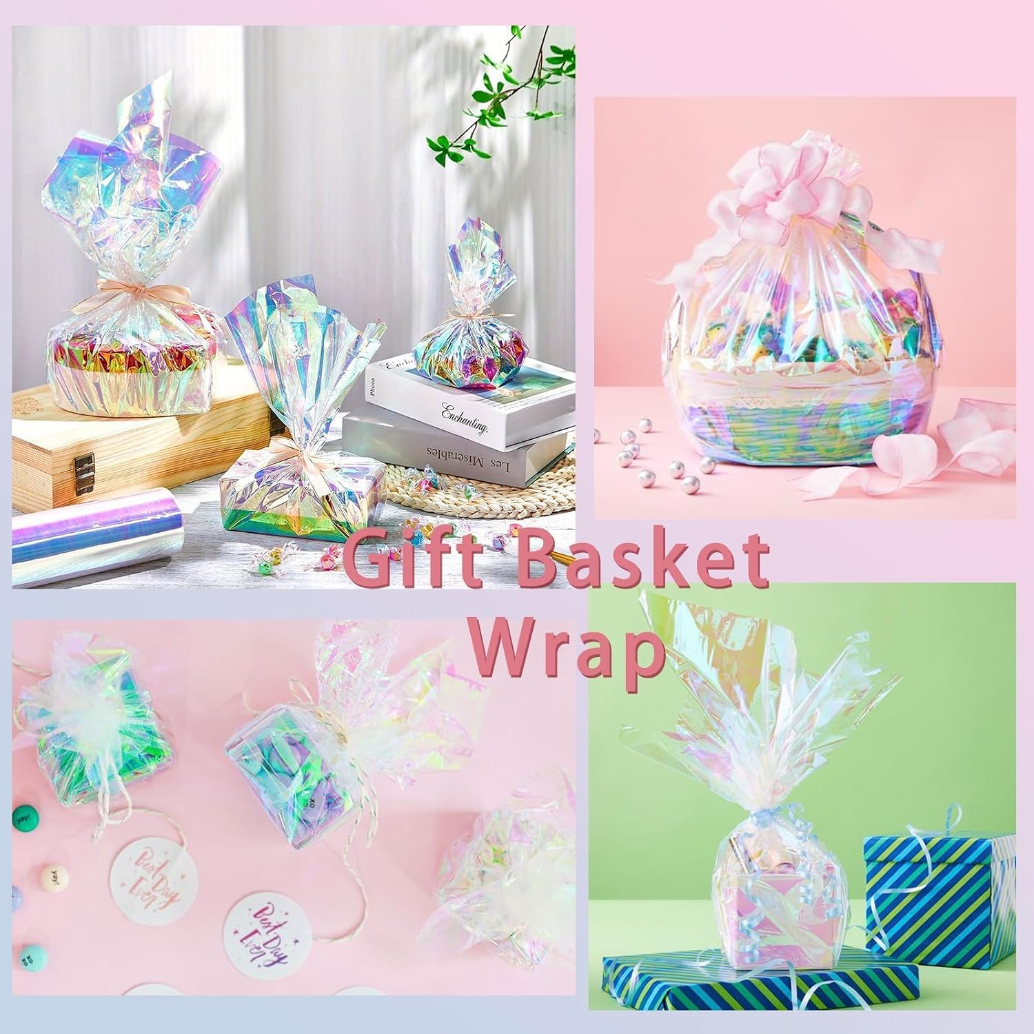 Iridescent Cellophane Roll 34 In X 200 Ft Rainbow Clear Cellophane Wrap Roll Iridescent Cellophane Wrap with Two Ribbons Holographic Cellophane for Gift Baskets, Christmas Gift Wrapping, Valentines